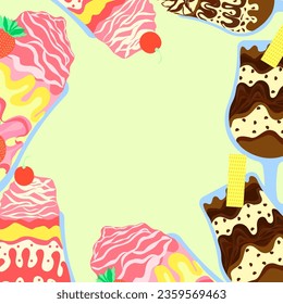 Eis, oberer Hintergrund, Tapete, Vorlage. Mango, Erdbeere, Schokolade, Vanilleeis mit Obsthintergrund, Tapete, Verpackung, Kissen-Abdeckung, Notebook-Titelvorlage
