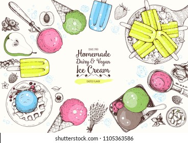 Ice cream top view frame. Hand drawn food elements with ice cream, berries and fruits. Summer food. Vector sketch for vintage menu design. 