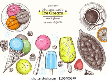 Ice cream top view frame. Hand drawn food elements with ice cream, berries and fruits. Summer food. Vector sketch for vintage menu design. 