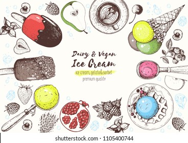 Ice cream top view frame. Hand drawn food elements with ice cream, berries and fruits. Summer food. Vector sketch for vintage menu design. 