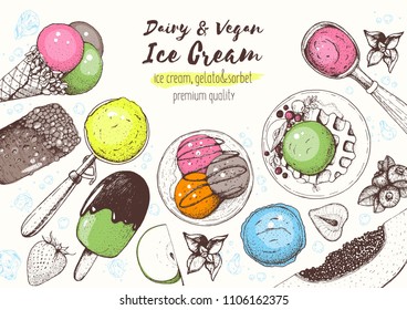 Ice cream top view frame. Hand drawn food elements with ice cream, berries and fruits. Summer food. Vector sketch for vintage menu design.