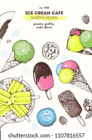 Ice cream top view frame. Hand drawn food elements with ice cream, berries and fruits. Summer food. Vector sketch for vintage menu design.