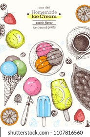 Ice cream top view frame. Hand drawn food elements with ice cream, berries and fruits. Summer food. Vector sketch for vintage menu design.