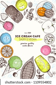 Ice cream top view frame. Hand drawn food elements with ice cream, berries and fruits. Summer food. Vector sketch for vintage menu design.