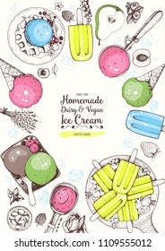 Ice cream top view frame. Hand drawn food elements with ice cream, berries and fruits. Summer food. Vector sketch for vintage menu design.
