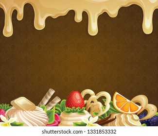 Ice cream top view frame. Food for dessert. Vector sketch for vintage menu design, Design of menu with sweets and bakery with cake, cupcake, donuts, macaroons, muffins, waffle, croissant in sketch.