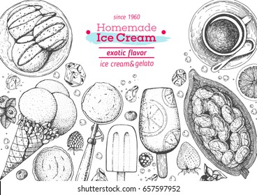 Ice cream top view frame. Food for dessert. Vector sketch for vintage menu design. Hand drawn food elements with ice cream, berries and fruits. Summer food.