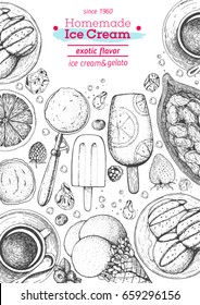 Ice cream top view frame. Food for dessert. Vector sketch for vintage menu design. Hand drawn food elements with ice cream, berries and fruits. Ice cream cafe menu.