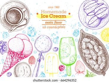 Ice cream top view frame. Food for dessert. Vector sketch for vintage menu design. Hand drawn food elements with ice cream, berries and fruits. Ice cream cafe menu. Summer food.