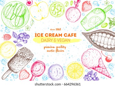 Ice cream top view frame. Food for dessert. Vector sketch for vintage menu design. Hand drawn food elements with ice cream, berries and fruits. Ice cream cafe menu. Summer food.
