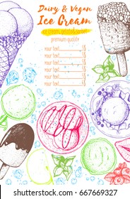 Ice cream top view frame. Vector sketch for vintage menu design. Hand drawn food elements with ice cream, berries and fruits. Summer food dessert