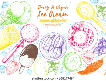 Ice cream top view frame. Vector sketch for vintage menu design. Hand drawn food elements with ice cream, berries and fruits. Food for dessert.