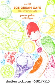 Ice cream top view frame. Vector sketch for vintage menu design. Hand drawn food elements with ice cream, berries and fruits. Food for dessert.