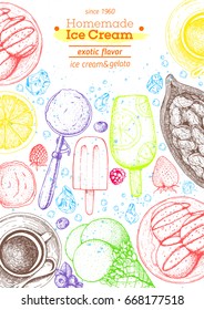 Ice cream top view frame. Vector sketch for vintage menu design. Hand drawn food elements with ice cream, berries and fruits. Food for dessert.