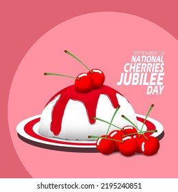 Ice cream topped with cherries served on a white plate called Cherries Jubilee with bold text on a pink background to celebrate National Cherry Jubilee Day on September 24