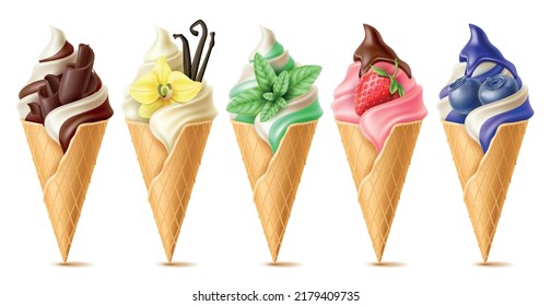 Ice cream toppings. Realistic different types and taste frozen desserts with glazes, strawberries and blueberries, mint and fruits, vanilla and chocolate, summer 3d utter vector isolated set