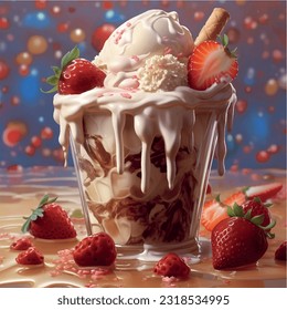 Ice cream in a transparent glass on top strawberries with chocolate topping 3D vector graphics