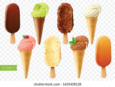 Ice cream transparent set of popsicles on stick and waffle cones with strawberry pistachio vanilla and chocolate taste vector illustration