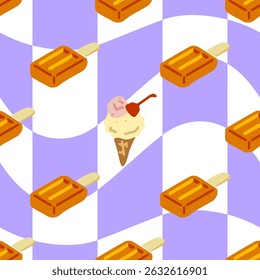 Ice Cream Treats Seamless Pattern featuring flat cartoon-style popsicles and cones with pink and vanilla scoops and cherries, repeated on a wavy lavender and white checkered background.