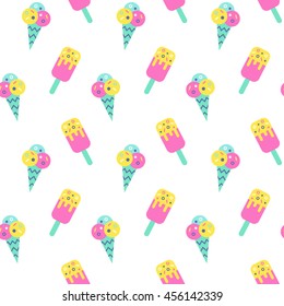 Ice cream trendy geometric seamless pattern, isolated on white background. Modern fabric print, wrapping paper, cards, banners designs.