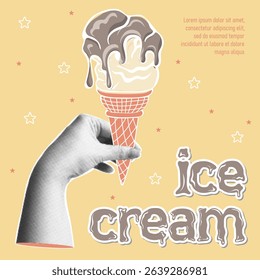 Ice cream. Trendy halftone collage banner with hand holding tasty ice-cream in cone. Cold frozen summer dessert. Contemporary vector illustration