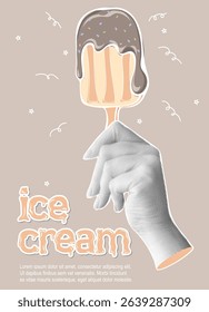 Ice cream. Trendy halftone collage banner with hand holding tasty chocolate ice cream stick. Cold frozen summer dessert. Contemporary vector illustration