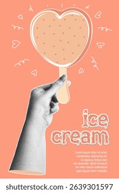 Ice cream. Trendy halftone collage banner with hand holding tasty heart shaped ice cream. Cold frozen summer dessert. Contemporary vector illustration