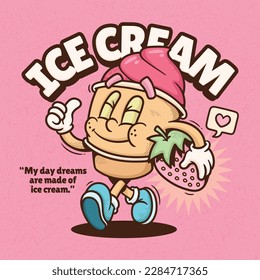 Ice Cream Trendy Retro Cartoon Vector Hand Drawn 