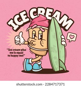 Ice Cream Trendy Retro Cartoon Vector Hand Drawn 