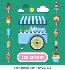 Ice cream trolley on a hot sunny day. Delicious sweets in assortment. Kinds of ice cream. Color vector flat illustration