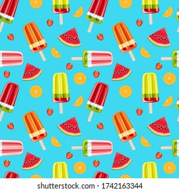 Ice cream and tropical fruits seamless pattern. Bright summer seamless pattern. Fruit ice and fruits vector illustration.