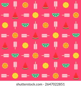 Ice cream and tropical fruits seamless pattern. Colorful summer cartoon fruit ice and fruits. Dessert sweet food for fabric, wrapping, textile, card, stationery, and phone cases.