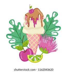 ice cream with tropical plants and fruits