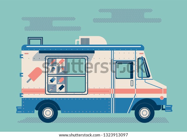 ice cream truck with 7 colors and ice\
cream icon cyan background, flat vector\
illustration