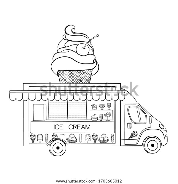 Ice cream truck car. Street food dessert menu in\
line art style. Vector illustration isolated on white background.\
Mobile cafe, shop, trade\
cart