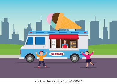 Ice Cream Truck in the City with Happy Children 2d flat vector illustrations