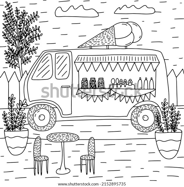 Ice cream truck coloring page vector
illustration. Ice cream van street kiosk coloring. 
