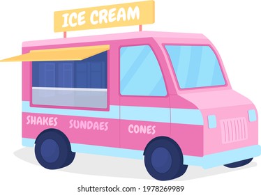 Ice cream truck flat color vector object. Van selling sundae. Buy summer refreshment from wagon. Pop up cafe for beach isolated cartoon illustration for web graphic design and animation