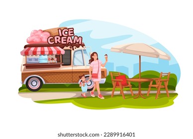 Camión de helados con feliz ilustración vectorial de la familia. Personajes de caricatura como madre e hija comen postre de verano en el trailer de comida callejera con mesa y paraguas, puesto de camiones en el parque de la ciudad