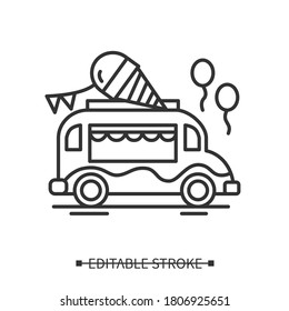 Ice cream truck icon. Icecream cone decorated van linear pictogram. Concept of mobile ice pops and cones sale truck for street fair or summer festival. Editable stroke vector illustration