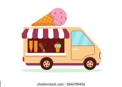 Ice Cream truck icon vector illustration on white background. Ice cream shop car with big sign on the top.