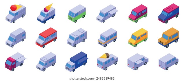 Ice cream truck icons set. Set of sixteen isolated food trucks offering street food and snacks, isometric view