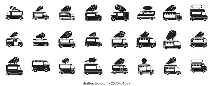 Ice cream truck icons set. Various ice cream truck icons showcasing different designs and styles, perfect for representing mobile dessert vendors