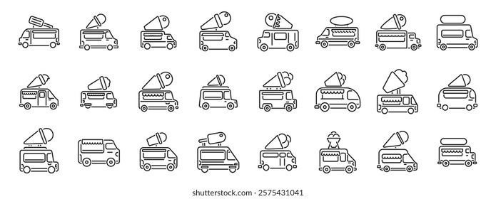 Ice cream truck icons set. Ice cream truck icons showcasing different designs and styles, perfect for representing summer treats, mobile vendors, and frozen desserts