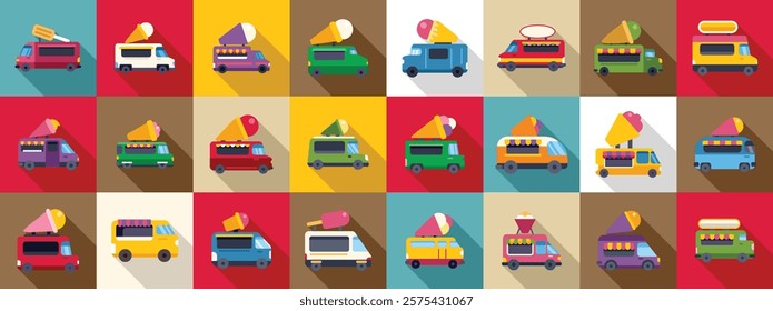 Ice cream truck icons set. Ice cream food trucks selling refreshing treats on a hot summer day