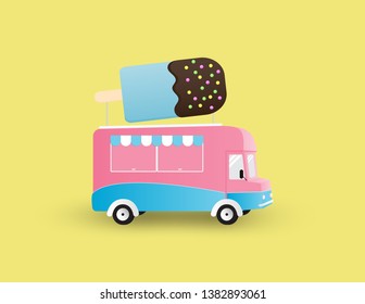 Ice cream truck isolated on yellow background. Creative vector illustration.