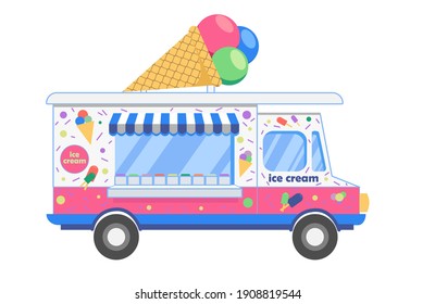 Ice cream truck isolated on white background. Stock vector illustration, cartoon style. Colorful ice cream cone on the roof of the truck. Design for kid's