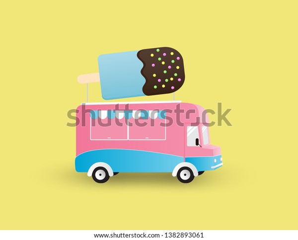 Ice cream truck isolated on yellow\
background. Creative vector\
illustration.