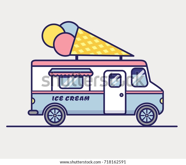 Ice cream truck isolated on white\
background. Mobile retail outlet for ice cream. Car in flat line\
style. Vector\
illustration.