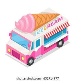 Ice cream truck in isometric projection style design icon. Street fast food concept. Food trolley with ice cream cone illustration. Isolated on white background. Ice cream mobile shop. Vector